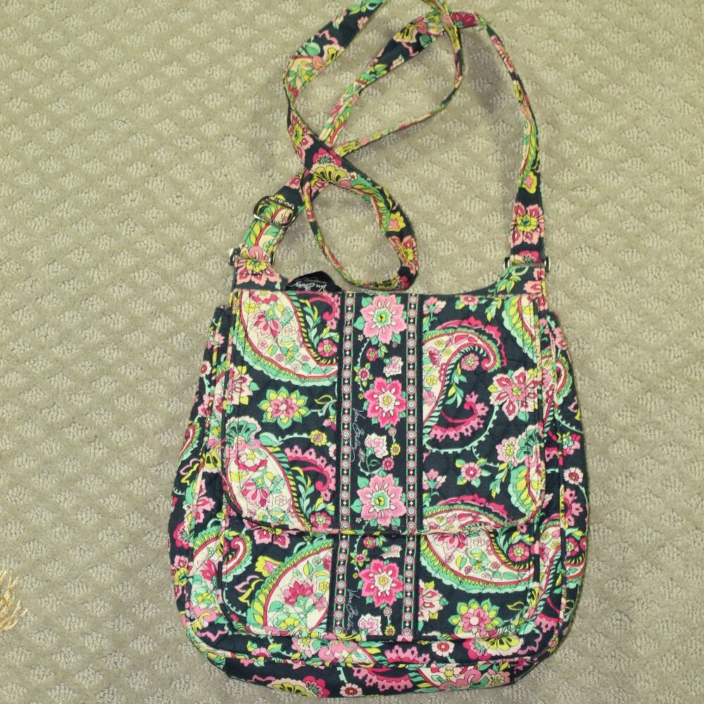 Vera Bradley Navy Pink Yellow Green Paisley Flap Over Crossbody Purse